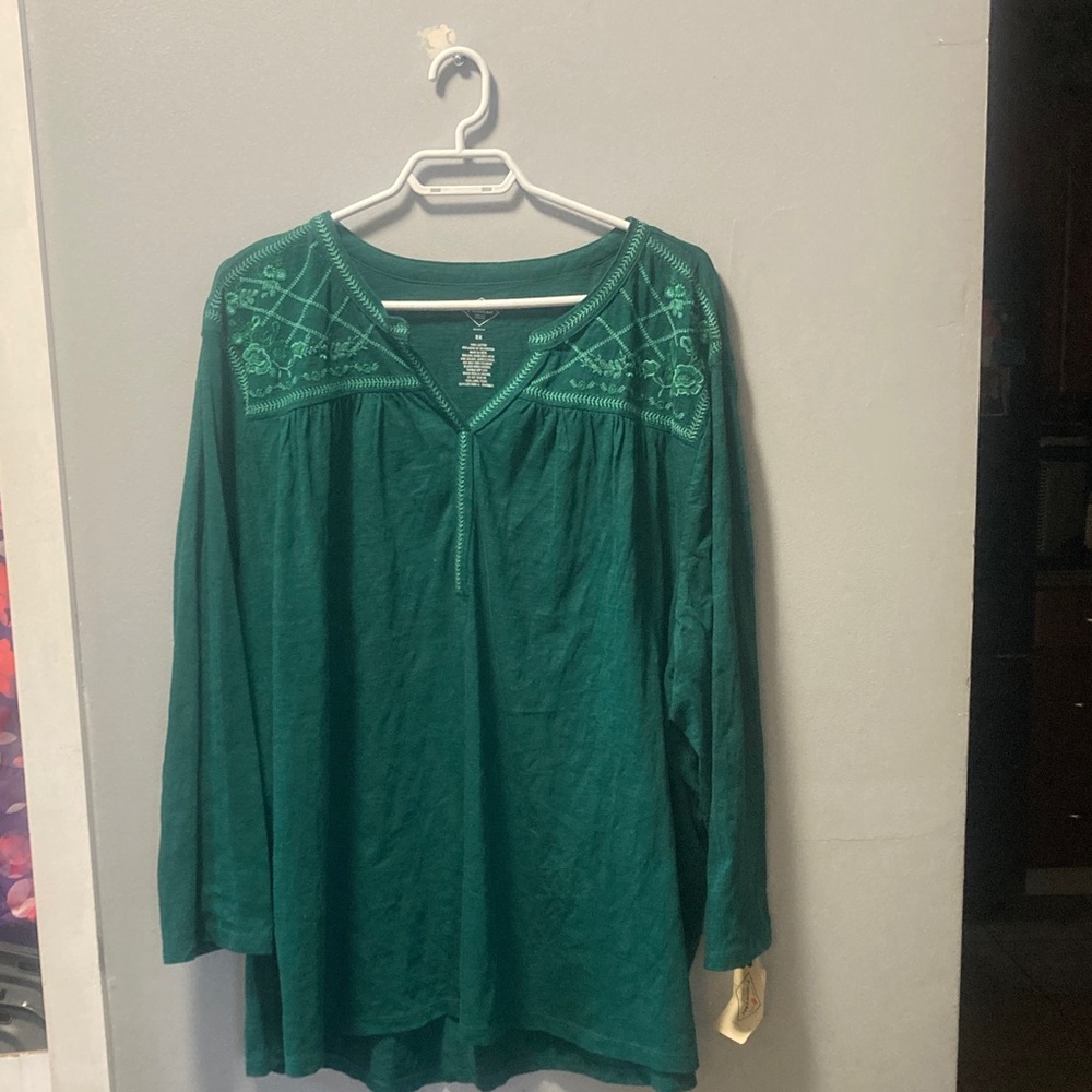 St. John's Bay Green Embroidered Long-Sleeve Tunic